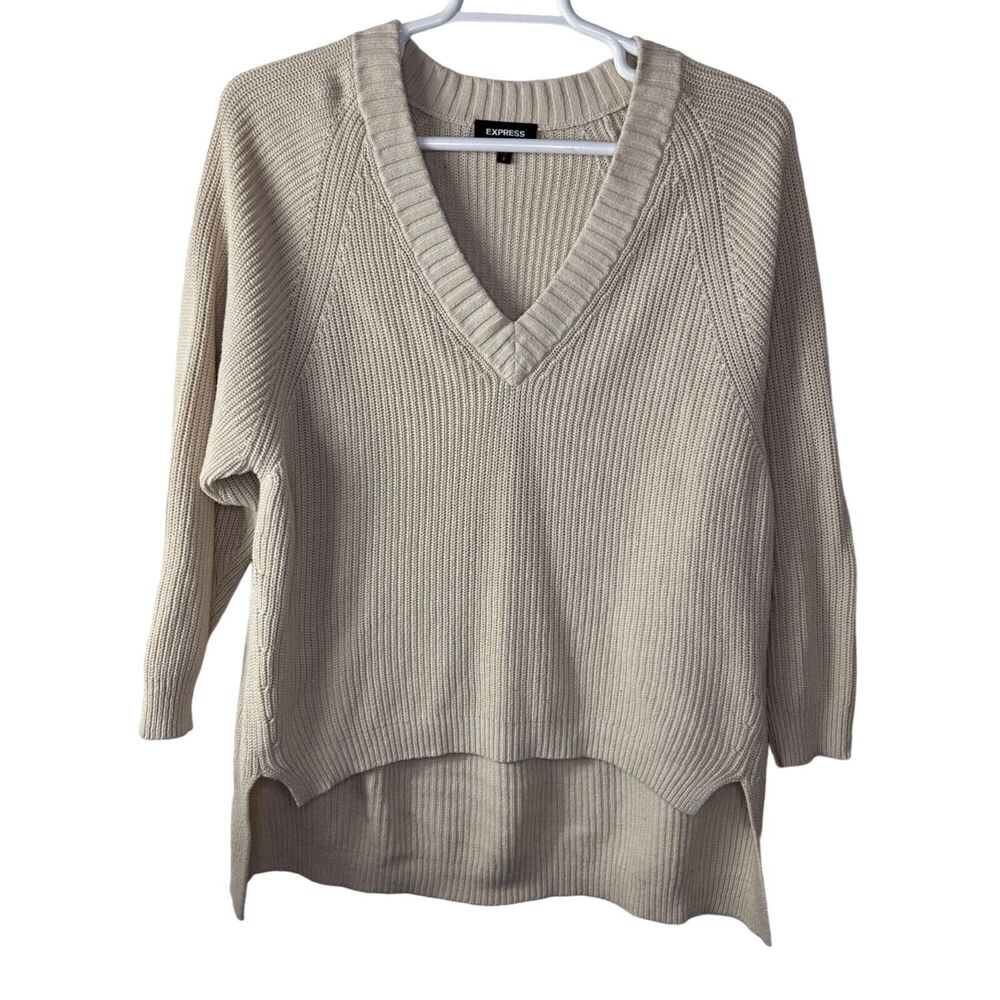 Express Women's Small Sweater V Neck Oversized Ribbed Cream‎ Knit Cotton Blend